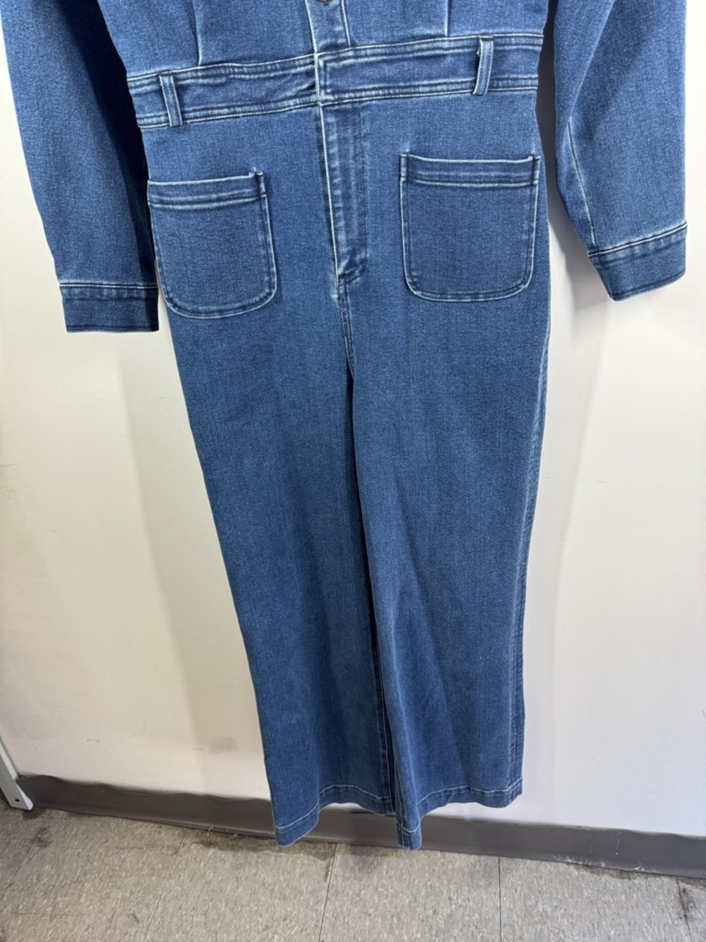ICHI Denim Jumpsuit Blue Size 36 Wide Leg Button Front Utility Chic Casual - Picture 5 of 15